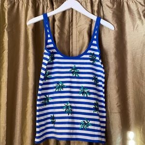 Crew Blue White Striped Top With Sequin Palms Leafs Size Medium J Crew Blue White Striped Top With Sequin Palms Leafs Size Medium J